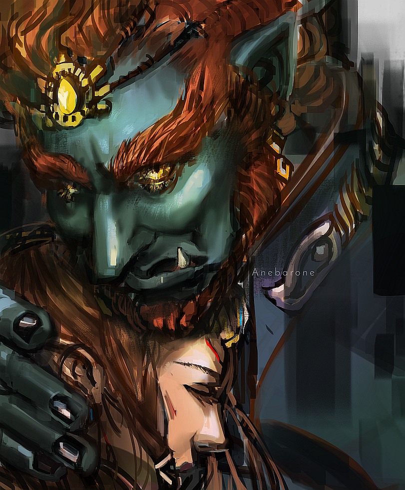 A zelgan piece. Loose painterly sketch showing Ganondorf embracing Zelda. They wear Twilight princess attires.