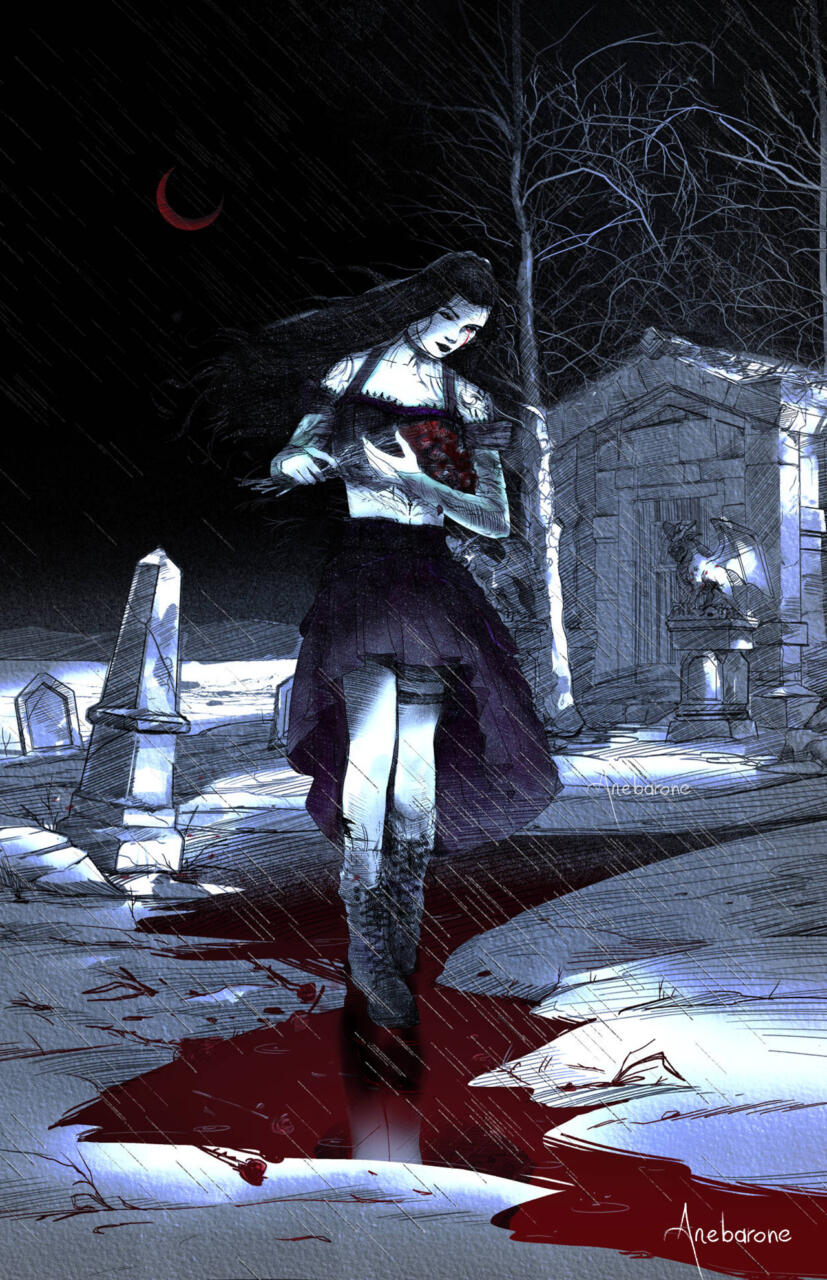 Black, blue, white and red sketch-style illustration of a slender pale woman in a night scene. She wears a purple cropped corset and skirt, has long black hair, and looks down at a wilted roses bouquet held against her chest. She walks above a red stream and there's a mausoleum and tombstones in a snowy field behind her. The sky is black, save for dead tree branches and a red waxing crescent moon.