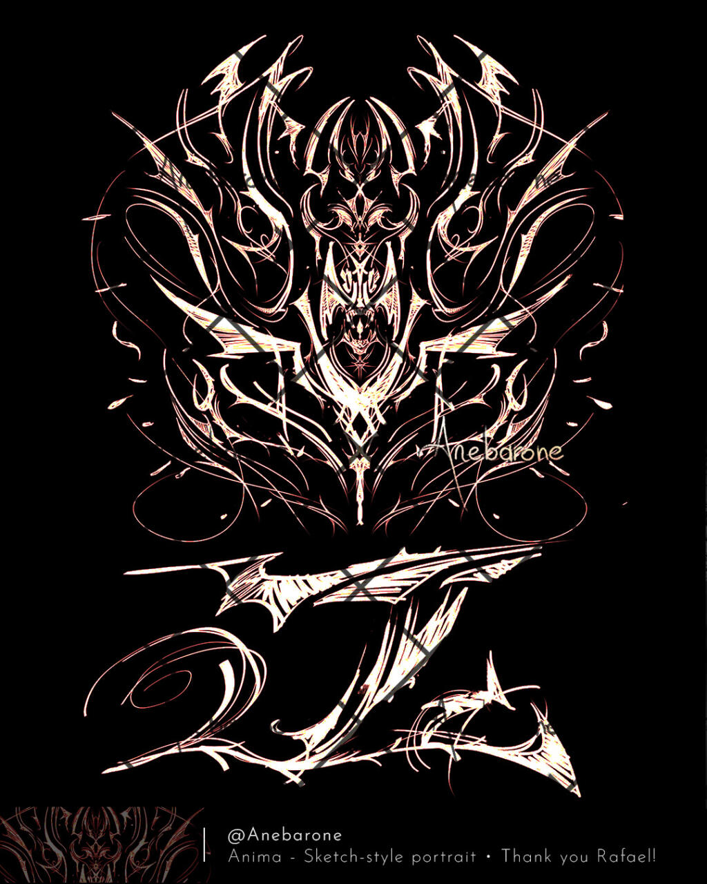 Tribal, retro tattoo design showing abstract shapes that resemble wings and tears.