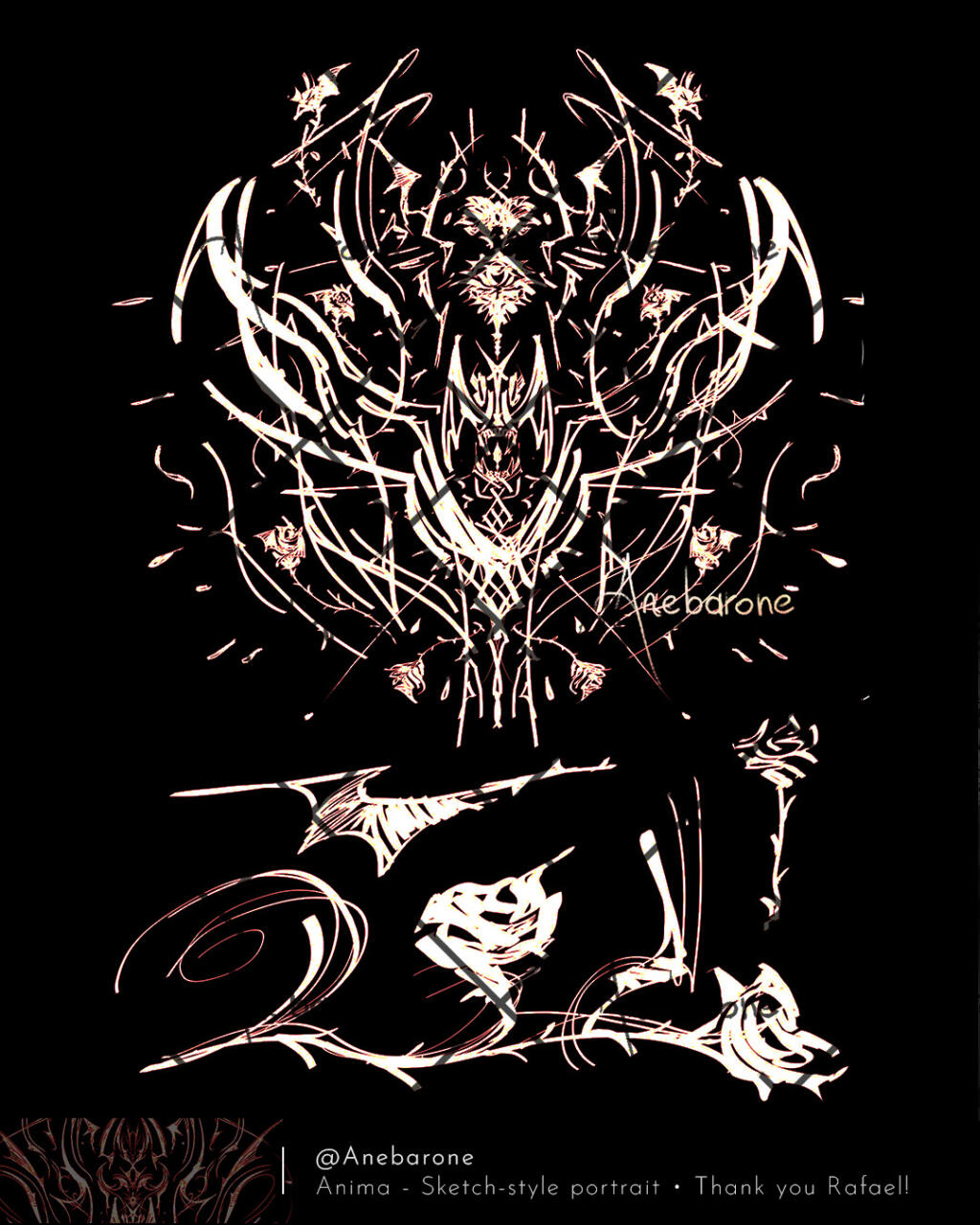 Rough tattoo sketch showing abstract tribal shapes that resemble tears, roses, thorns and wings.
