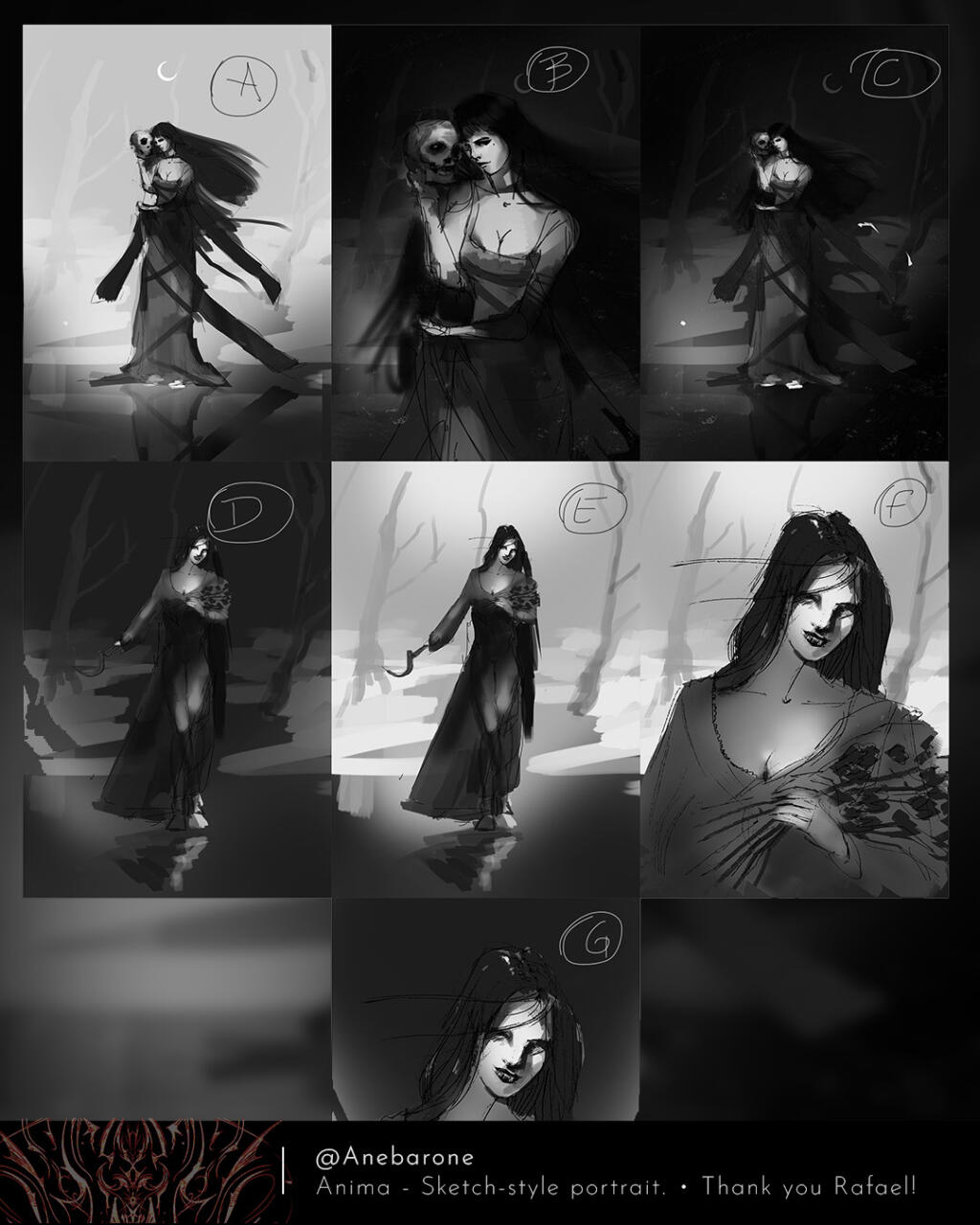Different rough sketches of the pale woman wearing goth-inspired long, flow-y dark dresses, and posing with a sickle or a skull.