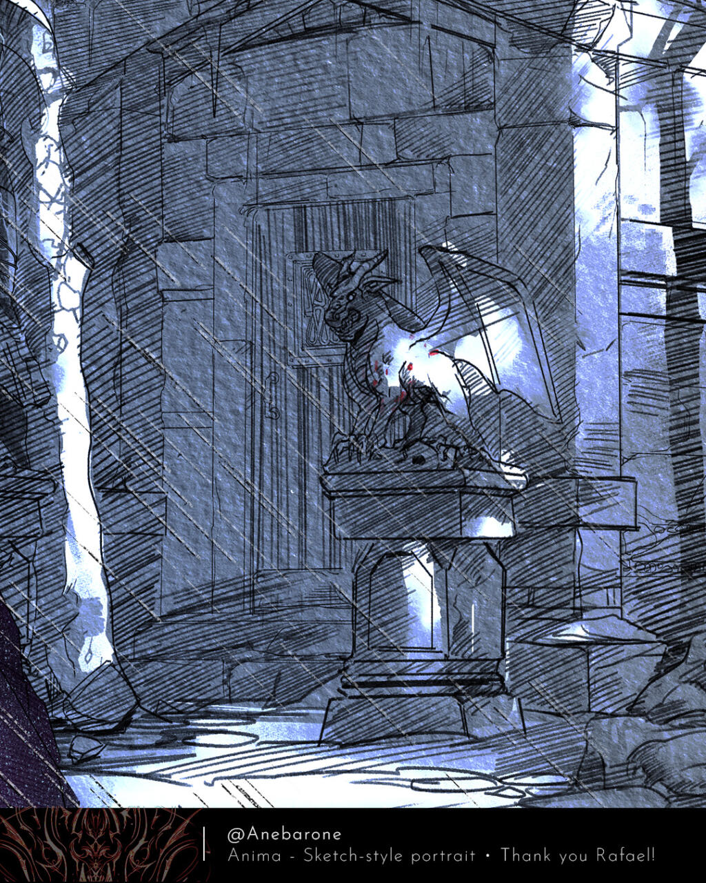 Closeup of a pedestal with a gargoyle in front of the mausoleum door. It has dragon-like wings, horns and its mouth is open.