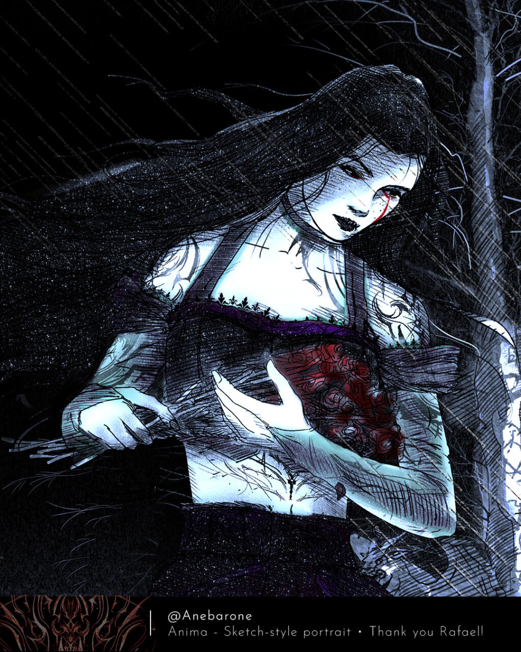 A close-up of the pale woman. Her black raven hair is spread by wind and rain, and she has thin, tribal black ink designs tattooed onto her arms and stomach. A red tear streams down her right eye as she looks down at the wilted flower bouquet.
