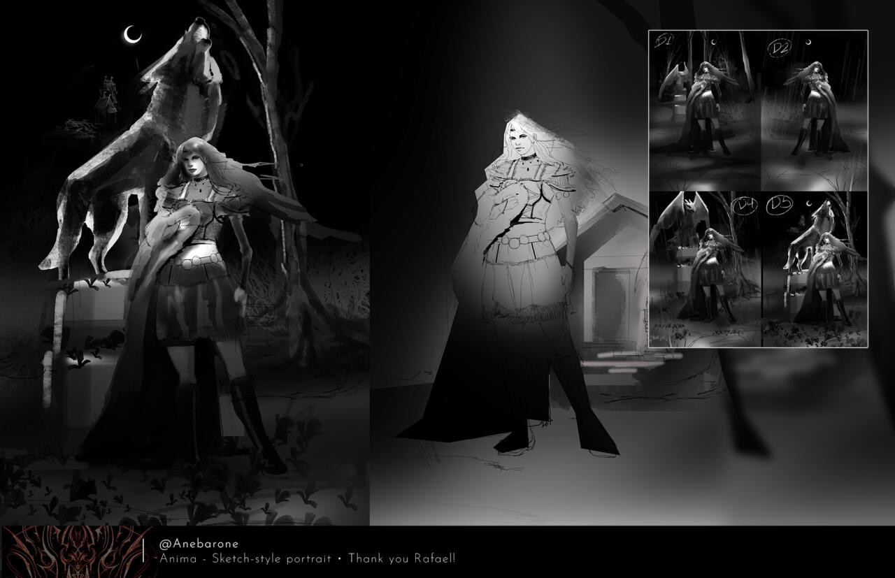 Eight sketches of the pale woman wearing different kinds of goth-inspired outfits like corsets and skirts, and standing in front of gargoyles or wolf statues.