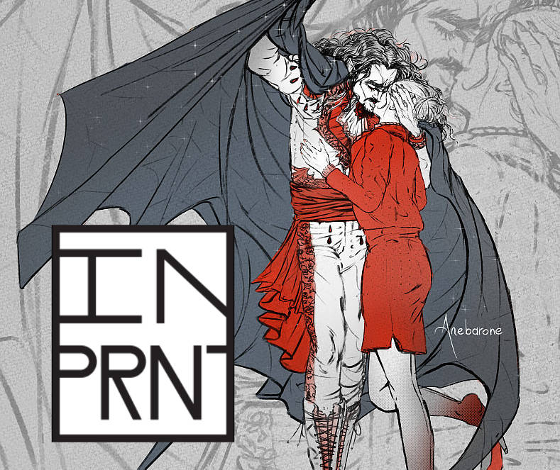 A drawing of a vampire kissing a woman. he wears a toreador outfit and has long curly black hair, while the woman has tied-back blond hair and wears a red blazer.