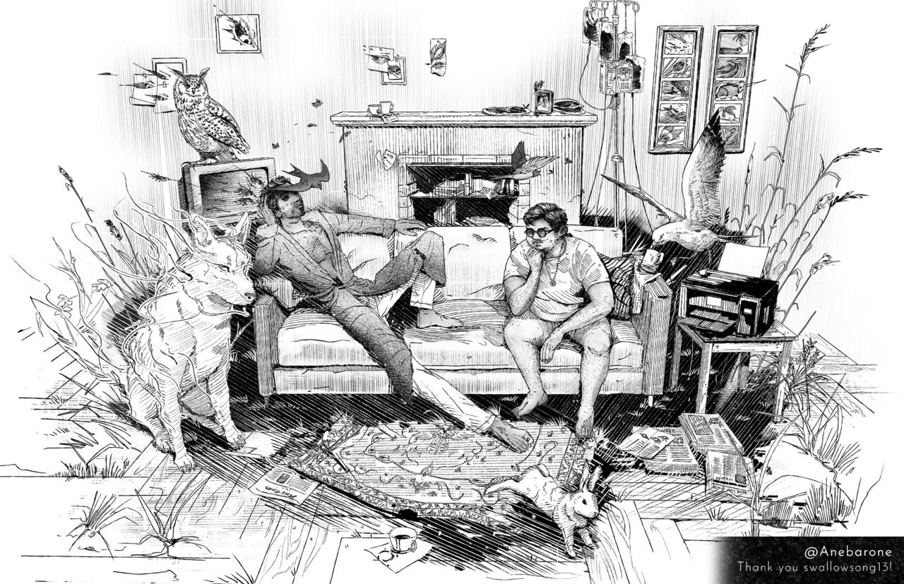 Black and white illustration of two men sitting on a couch while surrounded by animals and objects. 2 Swallows fly near their heads. The man on the left is thin, has tanned skin and short hair, and wears a dark-colored robe (Jon), while, in the right, Martin is a fat man wearing white shirt, glasses and boxers. He rests a hand on his chin. Near martin there's a seagull, rabbit, a IV pole, bloodbags, a printer and piles of printed news. Near Jon there's a large white ghostly dog and an owl perched on top of a TV. There are multiple eyes scattered around them, and grass and reeds sprouts from the wooden floorboards under them. These characters are from The Magnus Archives.