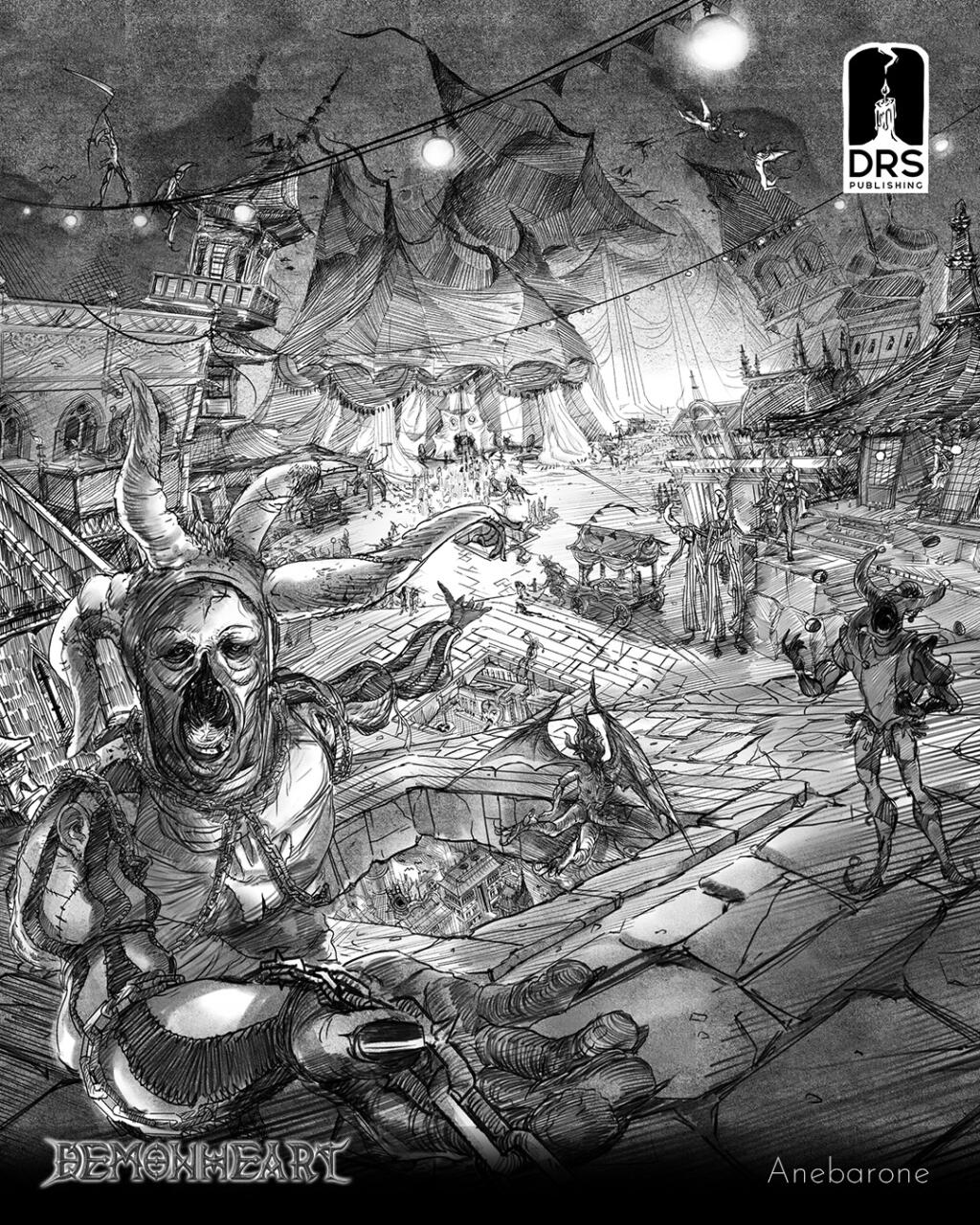 black and white digital drawing imitating traditional pencils. A long cobblestone road leads towards a large circus tent with multiple, twisting dark towers and flags. There's a multitude of characters and chariots descending this road, from demons and succubi to prisoners, slaves, and priests. Near the POV, there's a clown with hollow eyes and a hole where the mouth and nose would be. It wears a suit with humanoid skin and body parts stitched together. The creature holds a chain in their hand and extends it towards you, as if leading the viewer down the road.