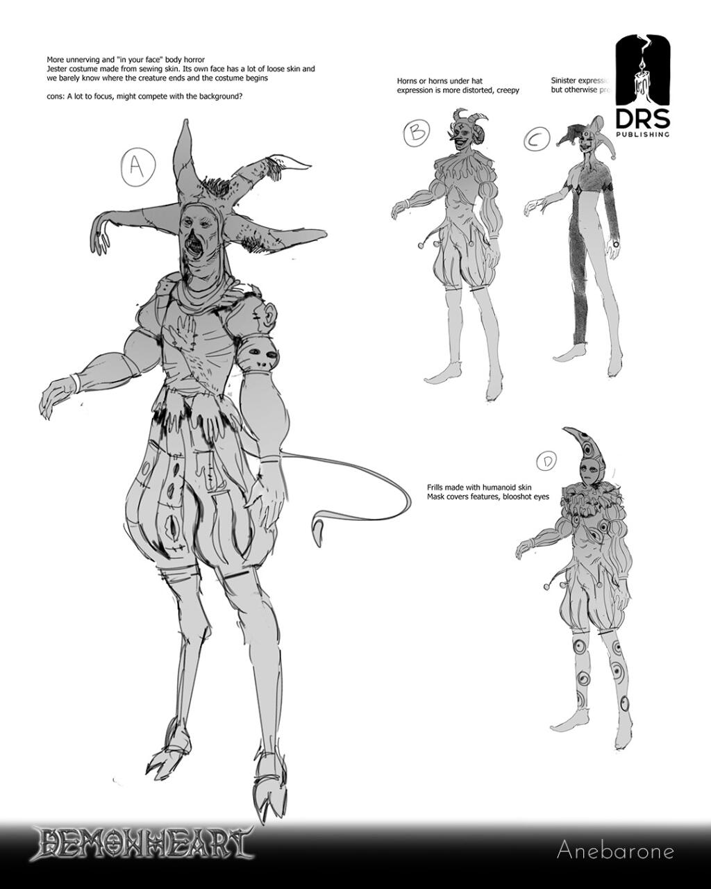 Sketches of 4 characters wearing different types of creepy, strange clown suits, from stitched skin to many layers of fabric and frills.