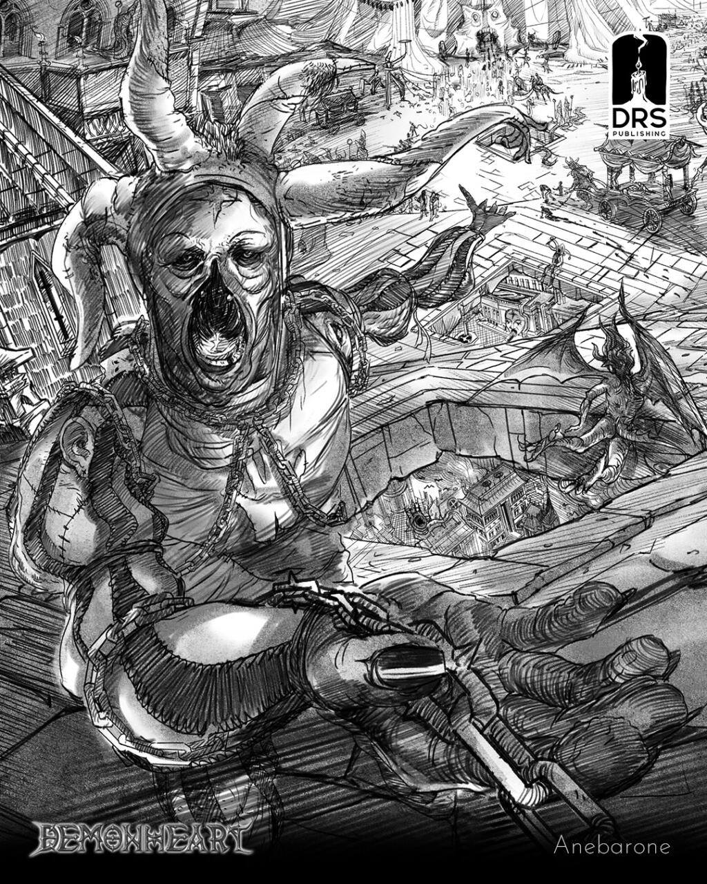 black and white digital drawing imitating traditional pencils. A long cobblestone road leads towards a large circus tent with multiple, twisting dark towers and flags. There's a multitude of characters and chariots descending this road, from demons and succubi to prisoners, slaves, and priests. Near the POV, there's a clown with hollow eyes and a hole where the mouth and nose would be. It wears a suit with humanoid skin and body parts stitched together. The creature holds a chain in their hand and extends it towards you, as if leading the viewer down the road.