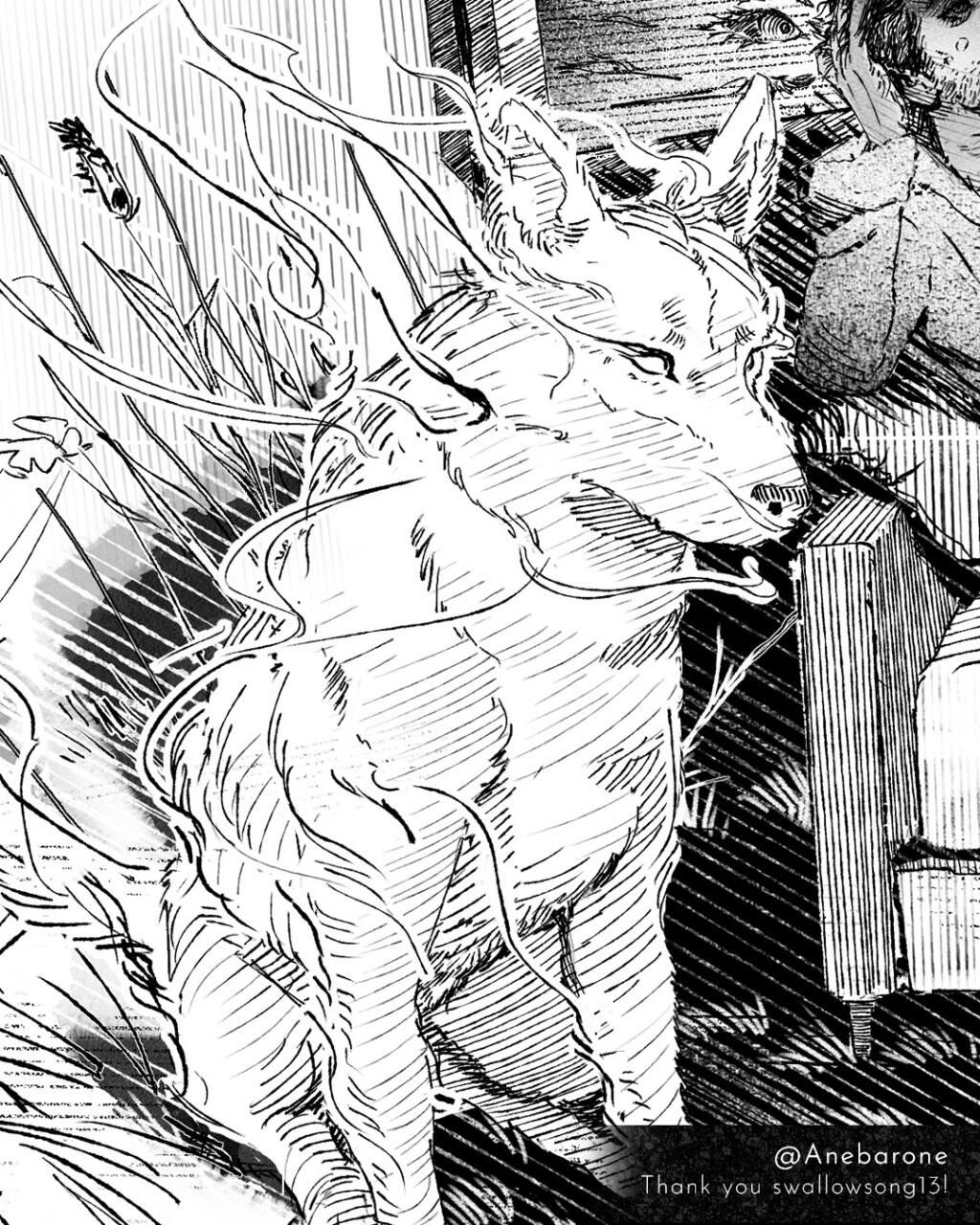 closeup of the ghostly white dog.